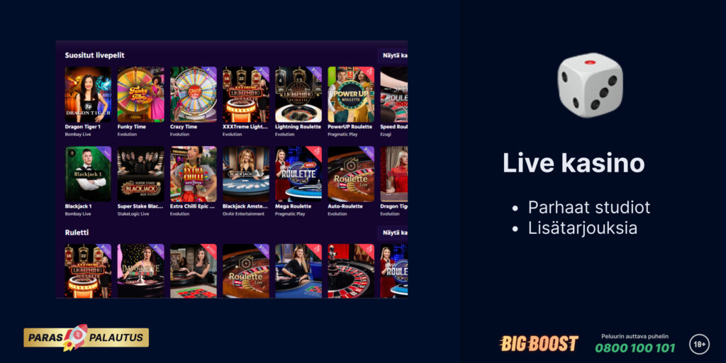 Live Kasino Big Buustilla. Kuvassa näkyy laaja valikoima pelejä ja studioita.