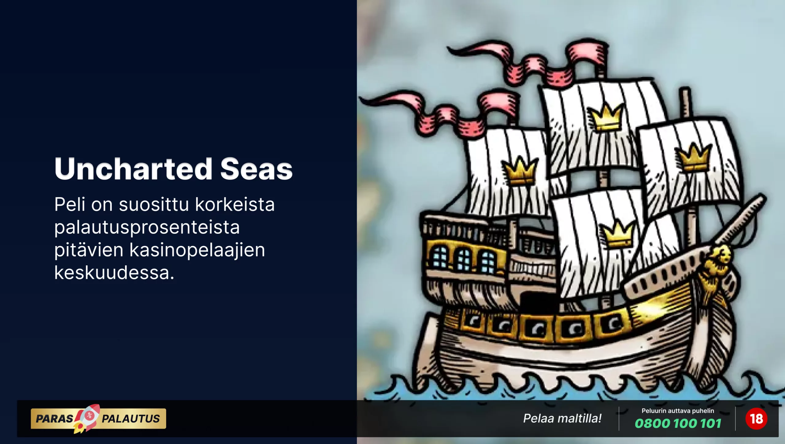 Kuvituskuva '1429 Uncharted Seas' -kolikkopelistä, joka esittää vanhaa purjelaivaa sinisellä merellä. Laivan purjeissa näkyy kruunuja, viitaten pelin kuninkaalliseen teemaan. Pelin suosio perustuu sen korkeaan palautusprosenttiin, mikä on houkutteleva ominaisuus varovaisille kasinopelaajille