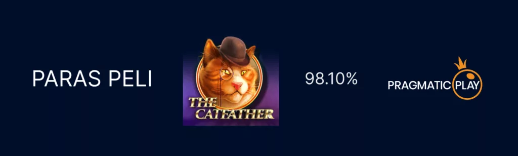 Kuvassa on teksti "Paras peli" ja sen vieressä kuva pelistä "The Catfather", jossa on hattu päässä oleva kissa. Pelin palautusprosentti, 98.10%, on merkitty kuvan viereen. Kuvassa näkyy myös pelin valmistajan Pragmatic Playn logo. Tausta on tummansininen.