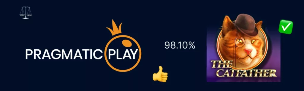 Pragmatic Play
logo, vieressä The Catfather -pelin logo. Kuvassa näkyy myös vaaka-ikoni, 98.10% ja peukalo ylös -emoji sekä vihreä valintamerkki.